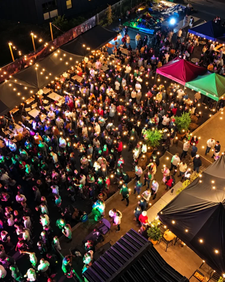 Vue plongeante sur une grande soirée en plein air, entre les tentes et sous les guirlandes lumineuses